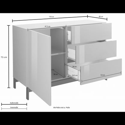 Metis 110 sideboard with pedestal - 1 door + 3 drawers - Glossy White