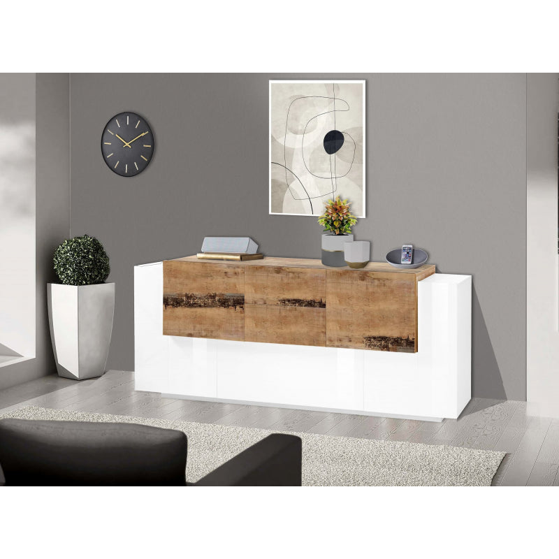 Sideboard New Coro 220 - 5 doors + 2 drawers - Glossy White/Pereira Maple