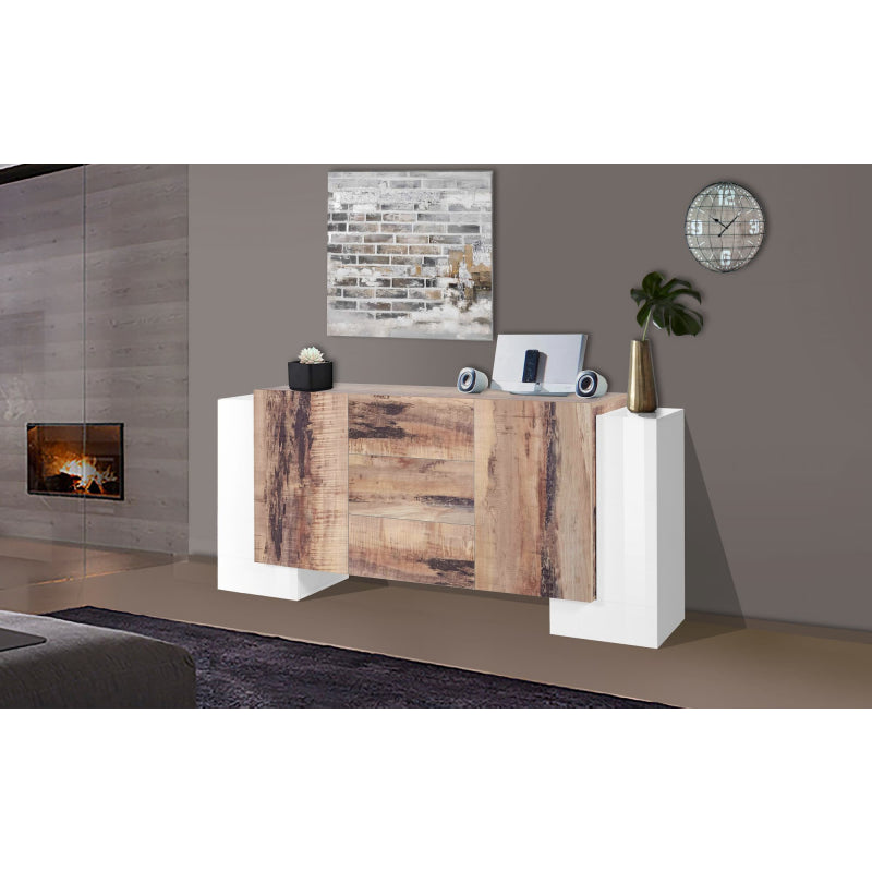 Pillon 210 Sideboard - 2+2 doors + 3 drawers - Glossy White/Pereira Maple